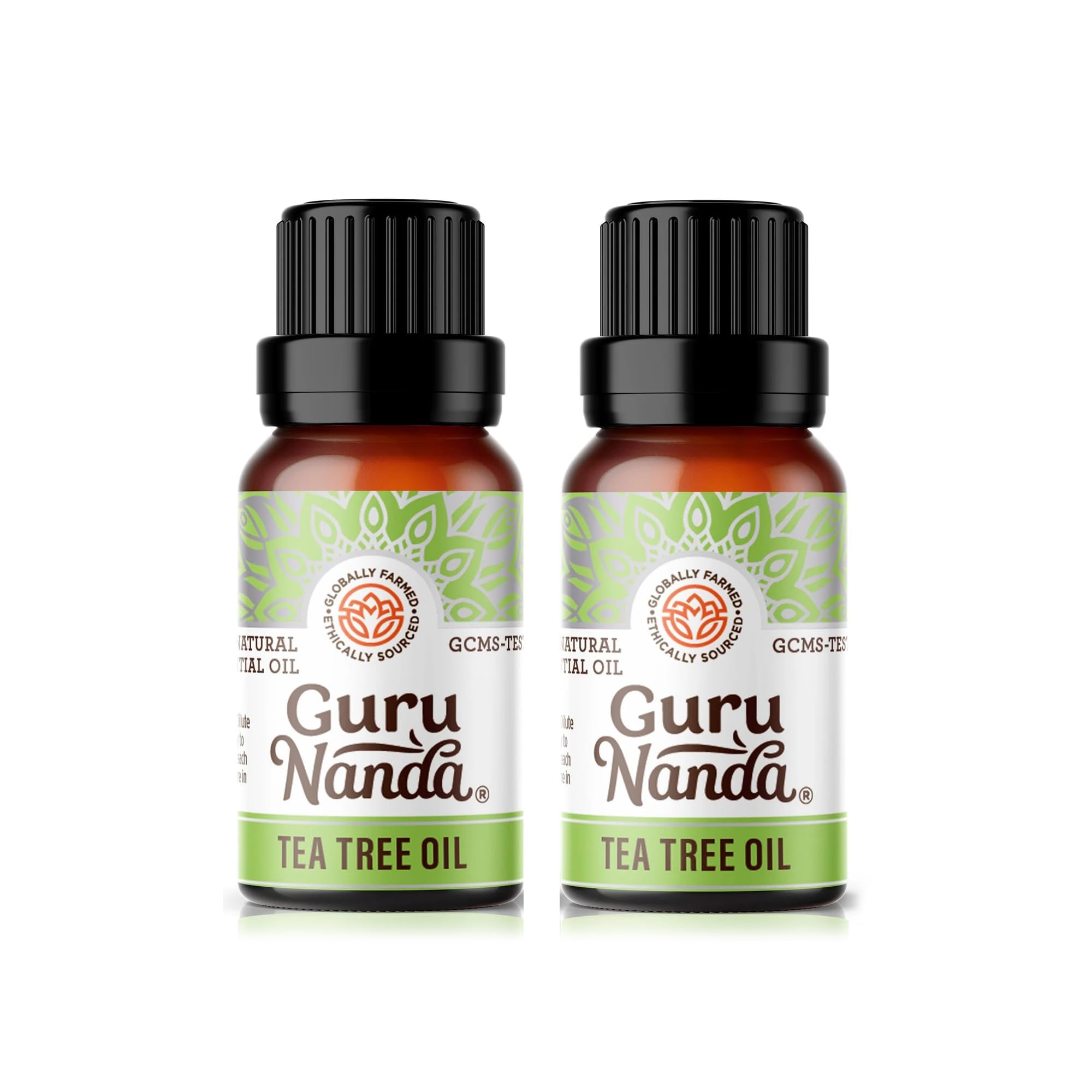 GuruNanda Tea Tree Essential Oil bottle in amber glass preserves purity for long shelf life.