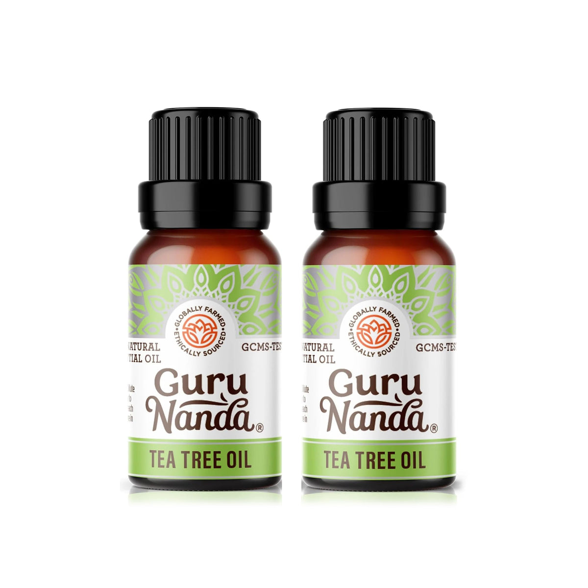 GuruNanda Tea Tree Essential Oil bottle in amber glass preserves purity for long shelf life.