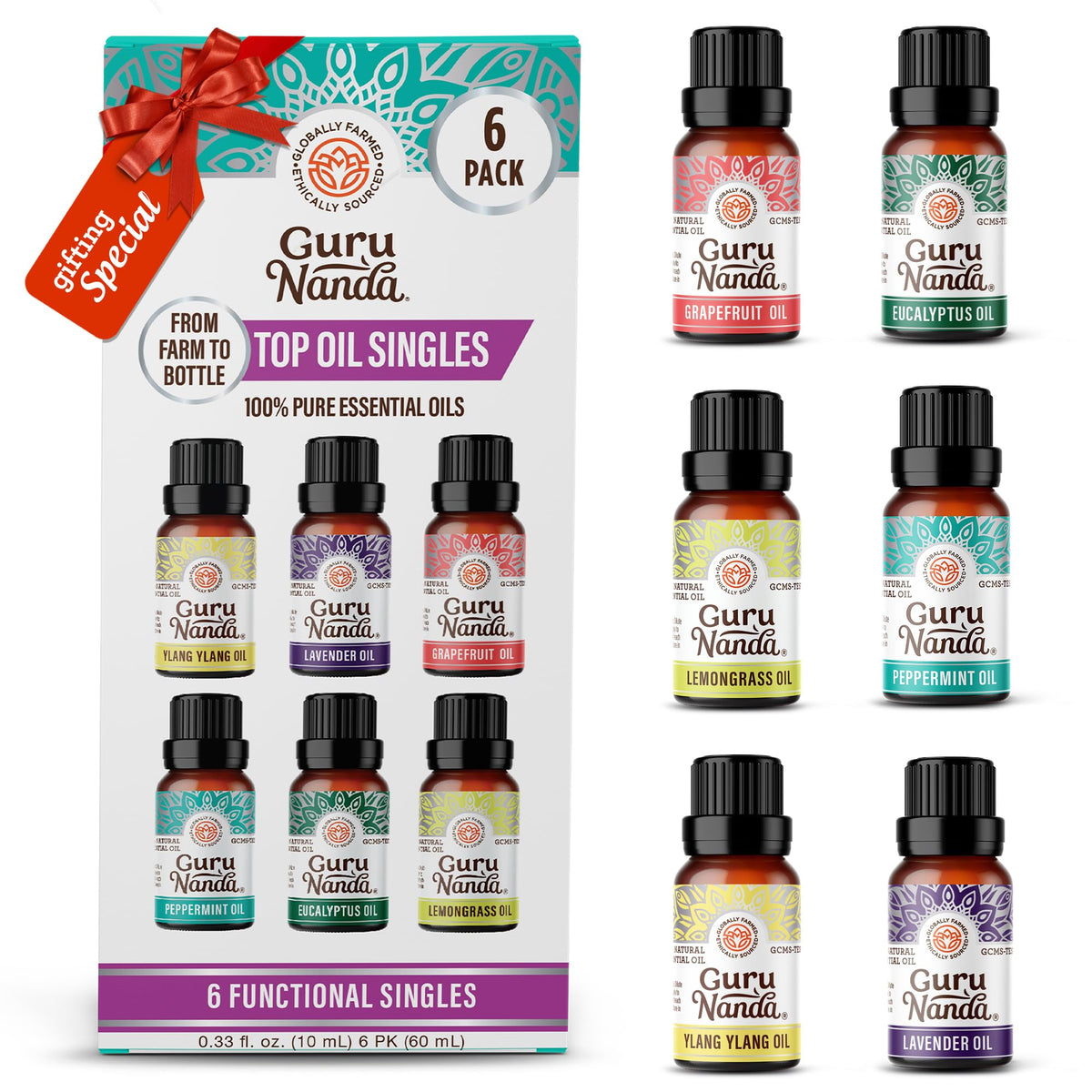 GuruNanda Lavender essential oil in amber bottle for calming diffuser aromatherapy.