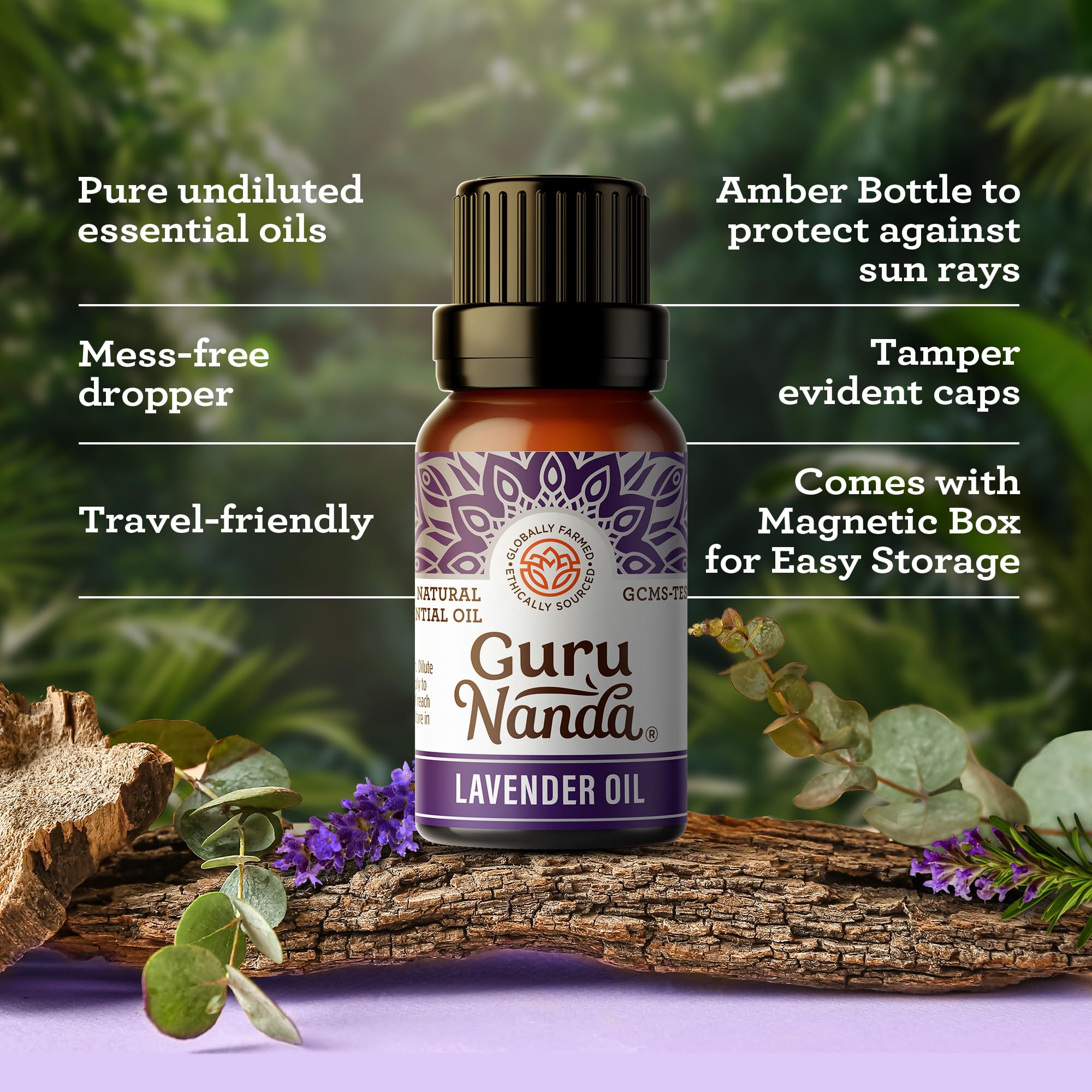 GuruNanda Ylang Ylang essential oil in amber bottle for massage and skincare blends.