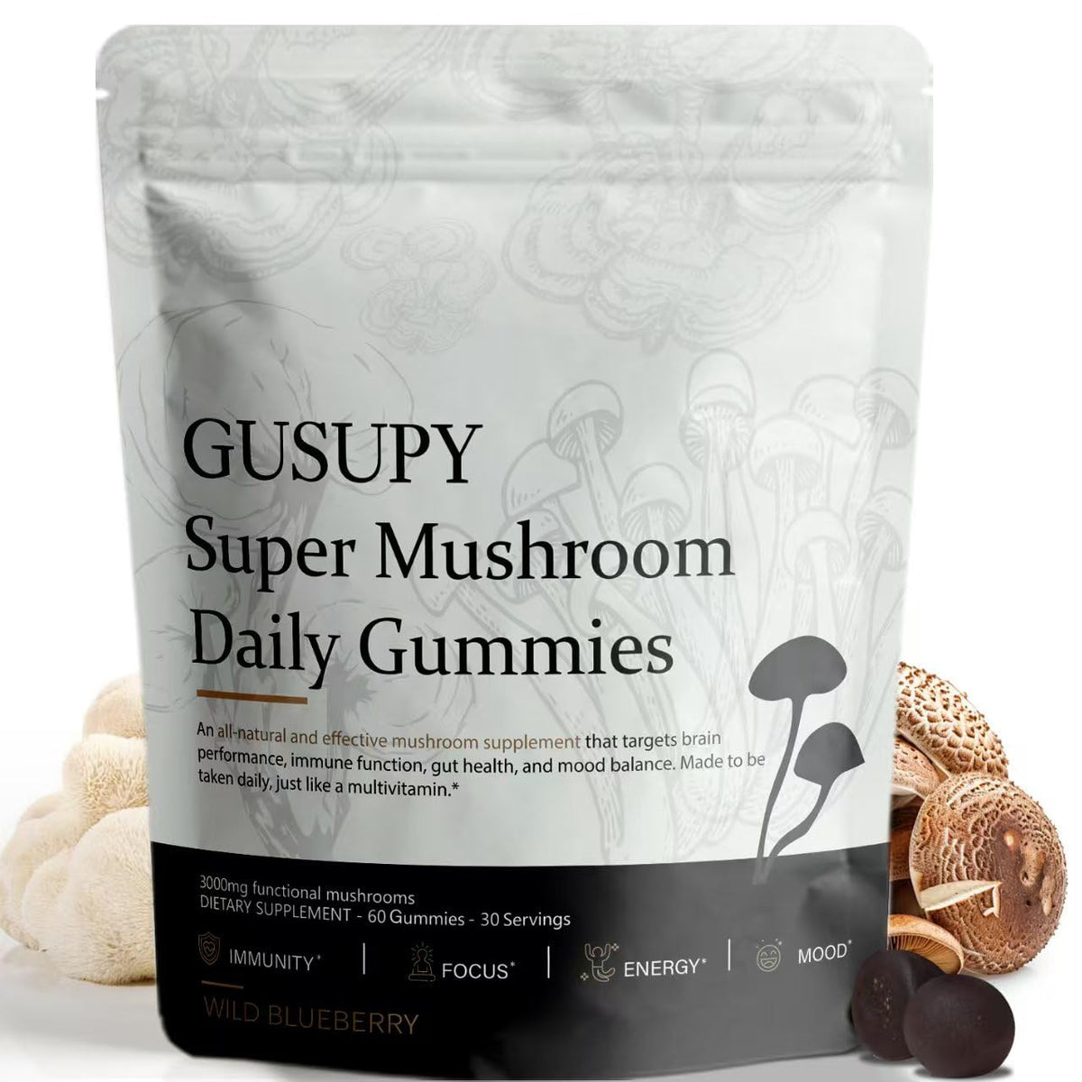 GUSUPY Lions Mane gummy blueberry bottle showcases brain-boosting daily supplement.