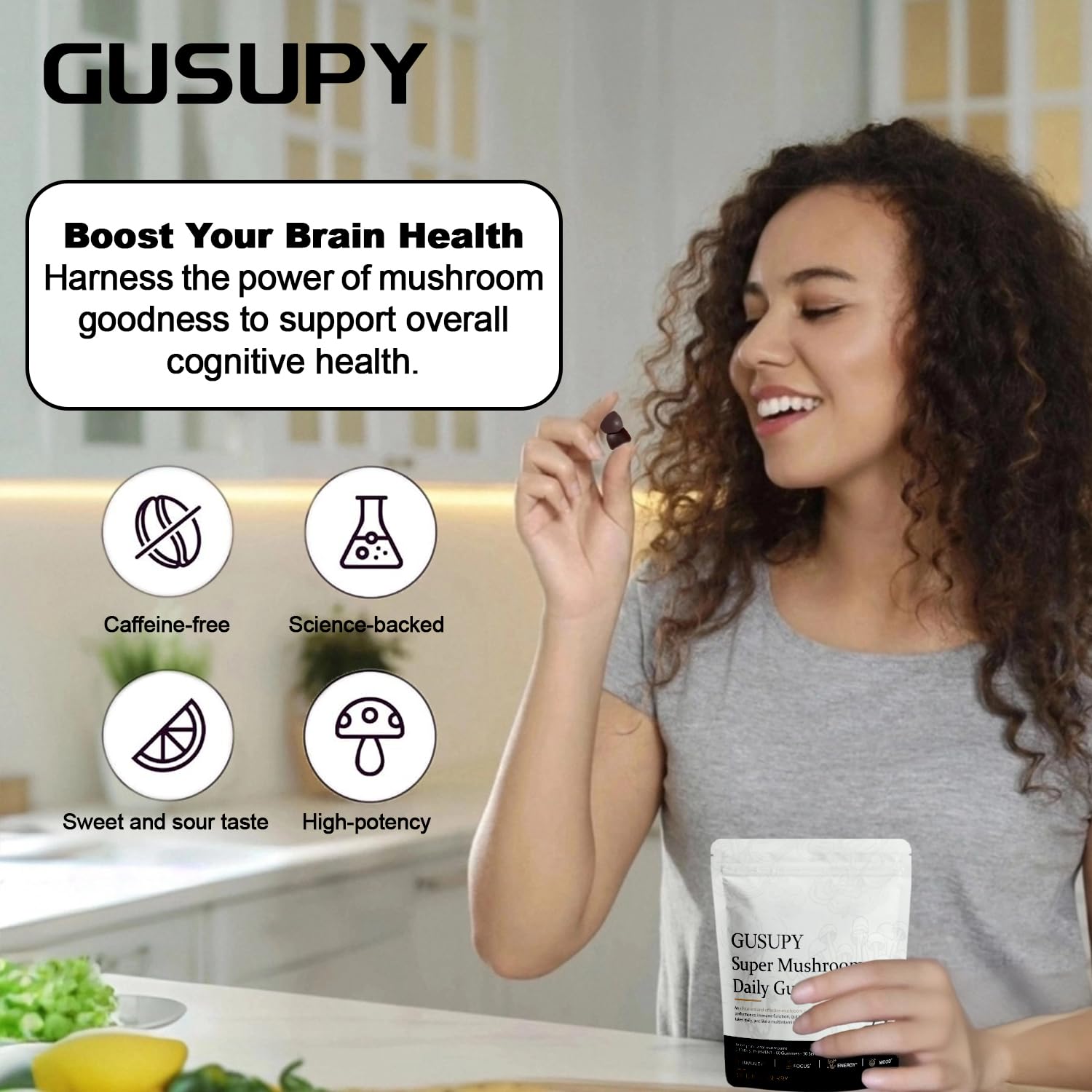 GUSUPY Lions Mane gummy pouch reseal enables portable daily boost.