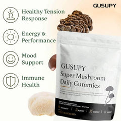 GUSUPY Lions Mane label ingredient list communicates organic vegan formulation.