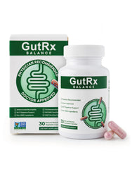 GutRx Balance bottle and capsules on shelf for daily gut support