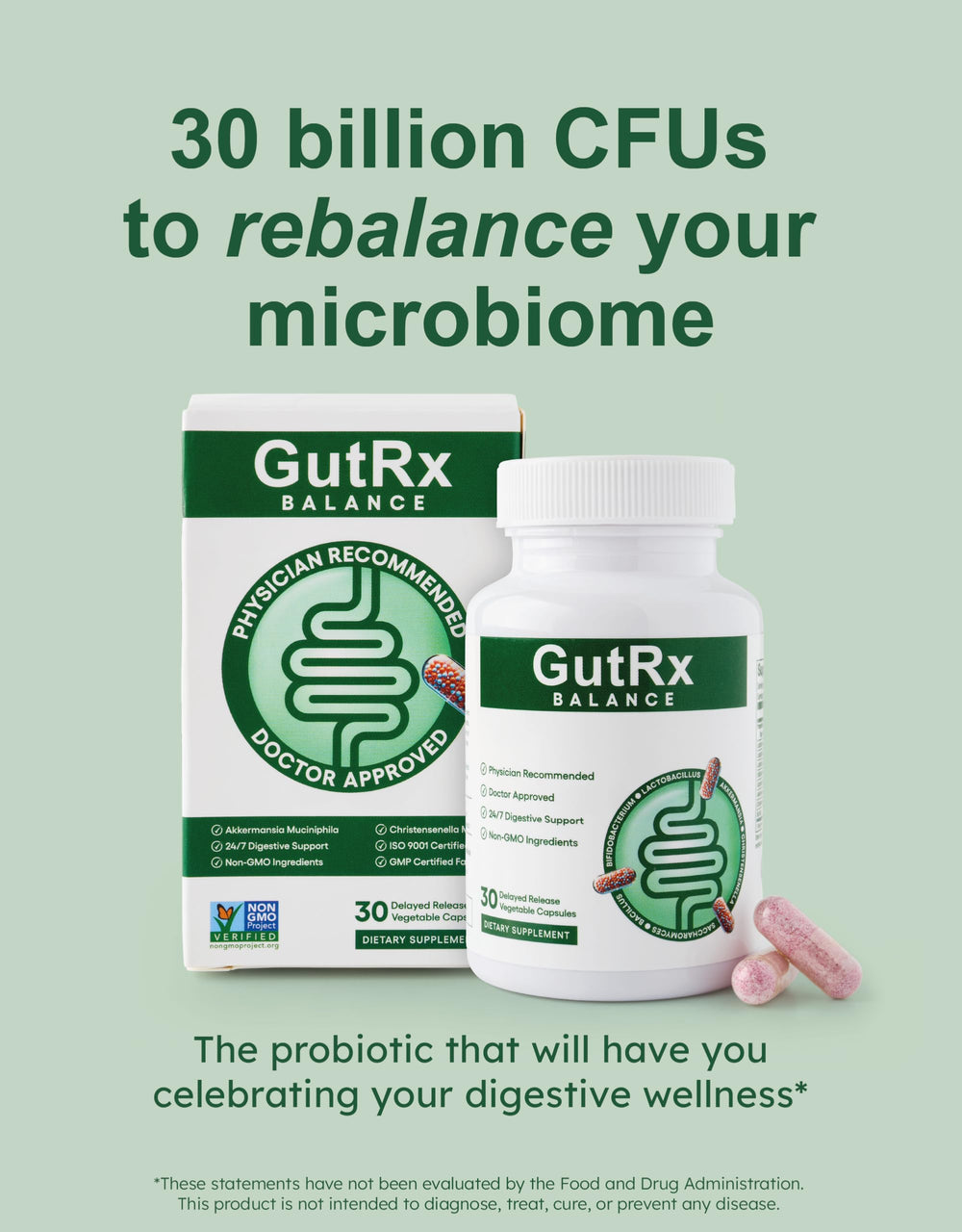 Close-up of GutRx Balance capsules with delayed-release coating for gut delivery
