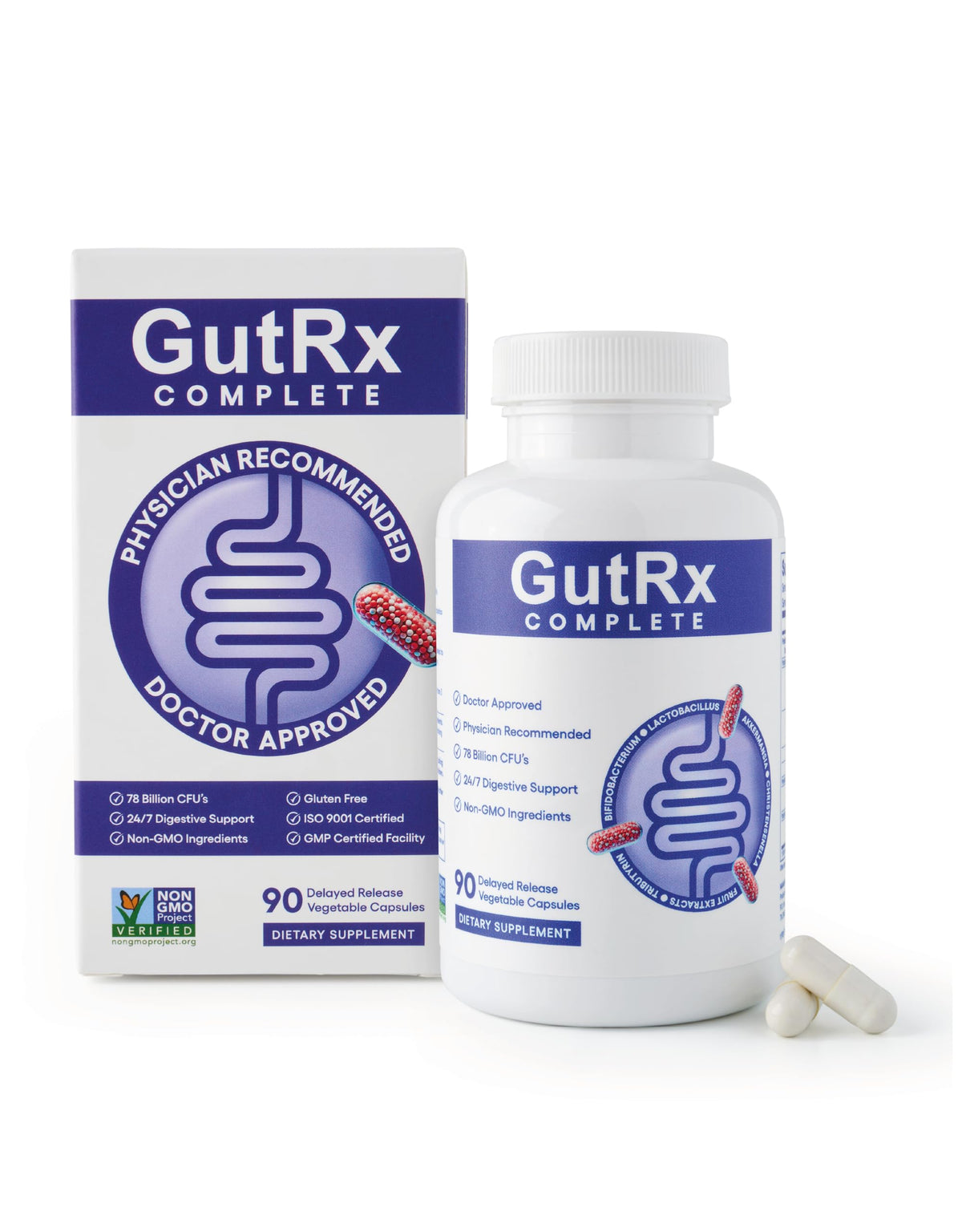 GutRx Complete bottle front view for daily gut balance and microbiome support.