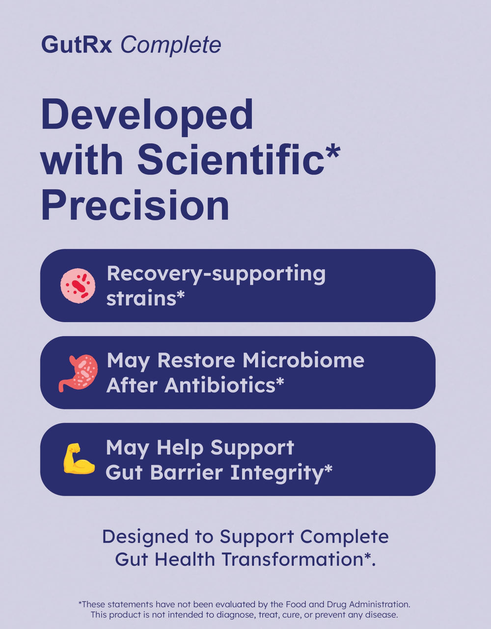 GutRx Complete label highlights 78B CFU and Akkermansia for diverse gut microbiome benefits.