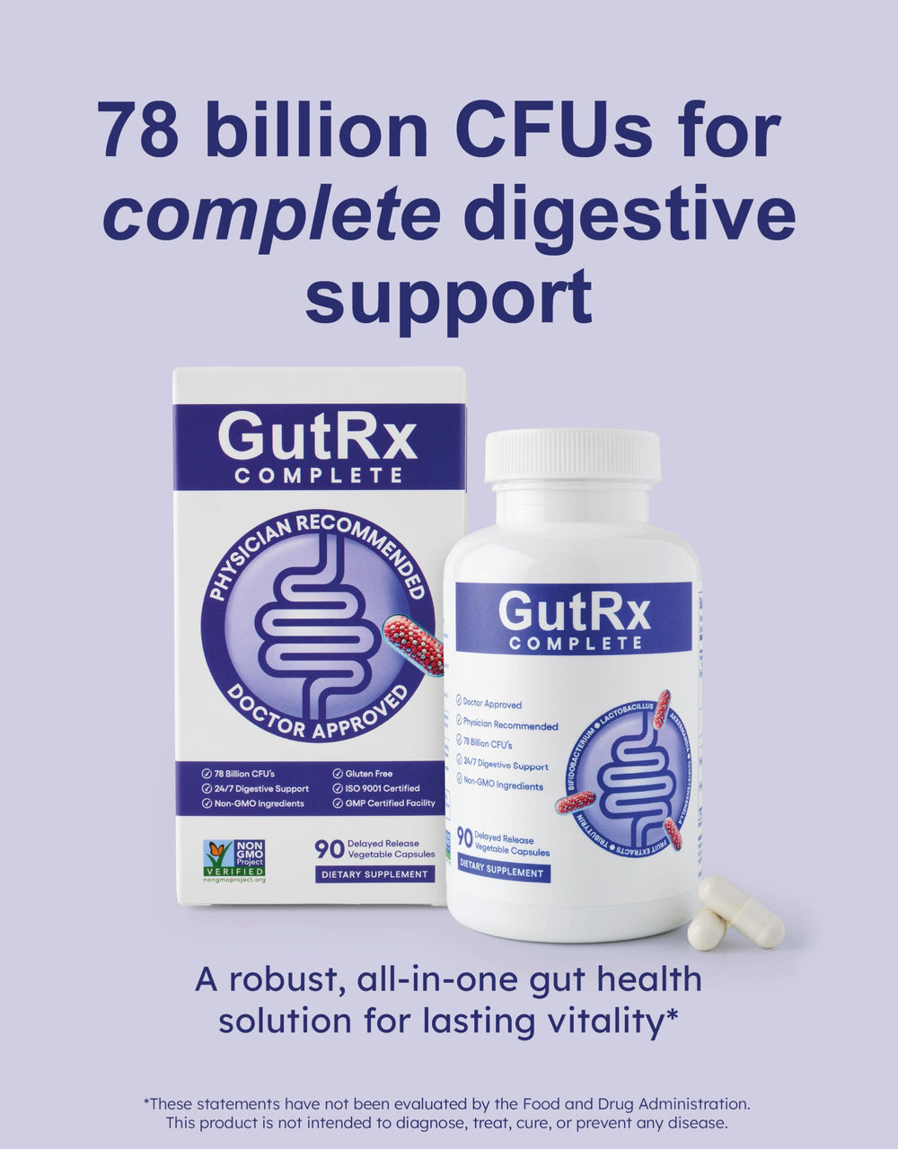GutRx Complete capsules close-up showing enteric coating to protect probiotics during digestion.