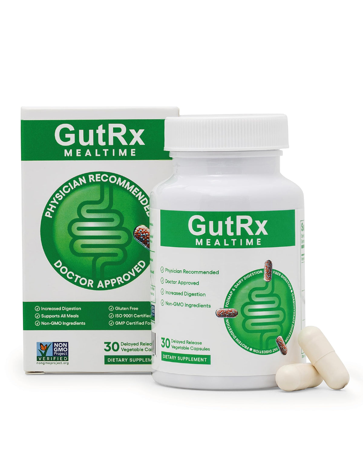 GutRx Mealtime bottle front view showing full-spectrum enzymes for better digestion.