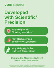 GutRx Mealtime label close-up confirms vegan, non-GMO formula.