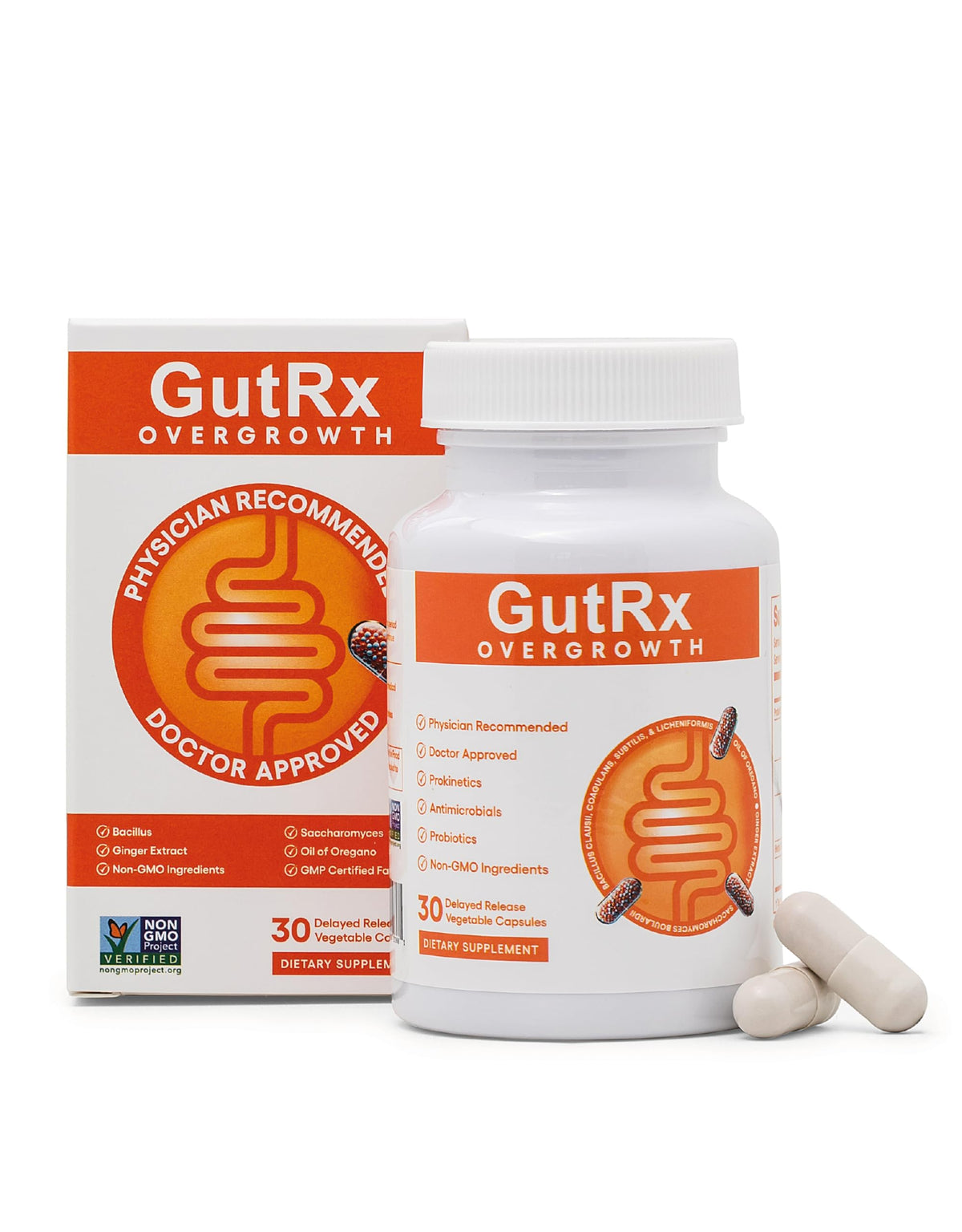 GutRx Overgrowth bottle front displaying gluten-free probiotic blend for daily gut support