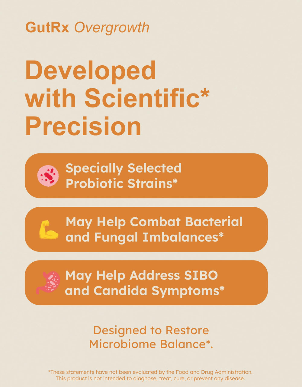 GutRx Overgrowth ingredient list featuring Saccharomyces boulardii and key probiotic strains