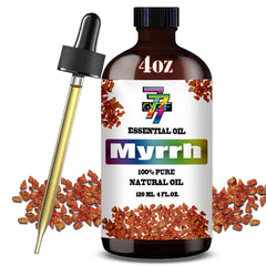 GV77ZF Myrrh essential oil in amber bottle for aromatherapy and room fragrance.