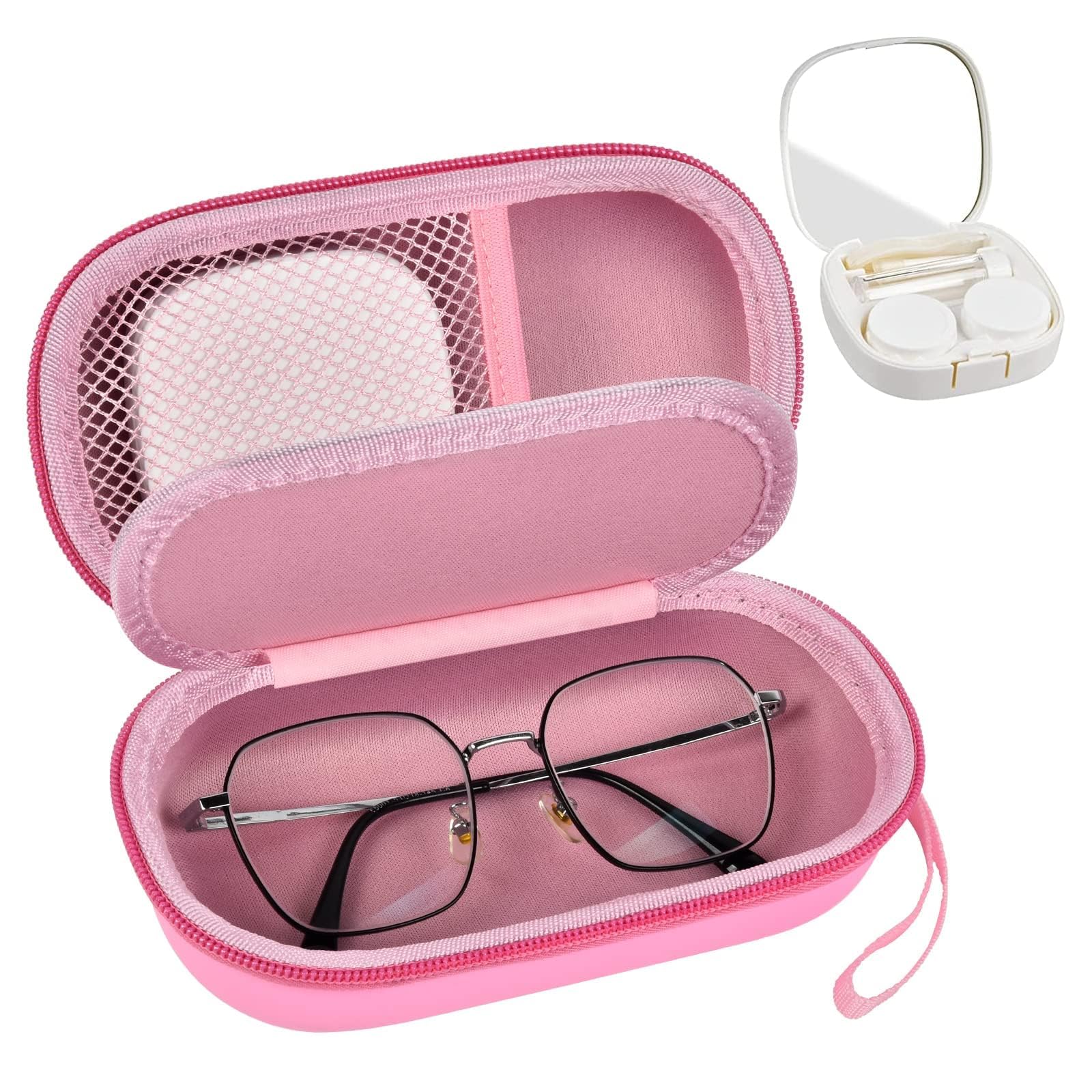 GWCASE portable 2-in-1 travel case in pink for easy glasses and contact lens storage.
