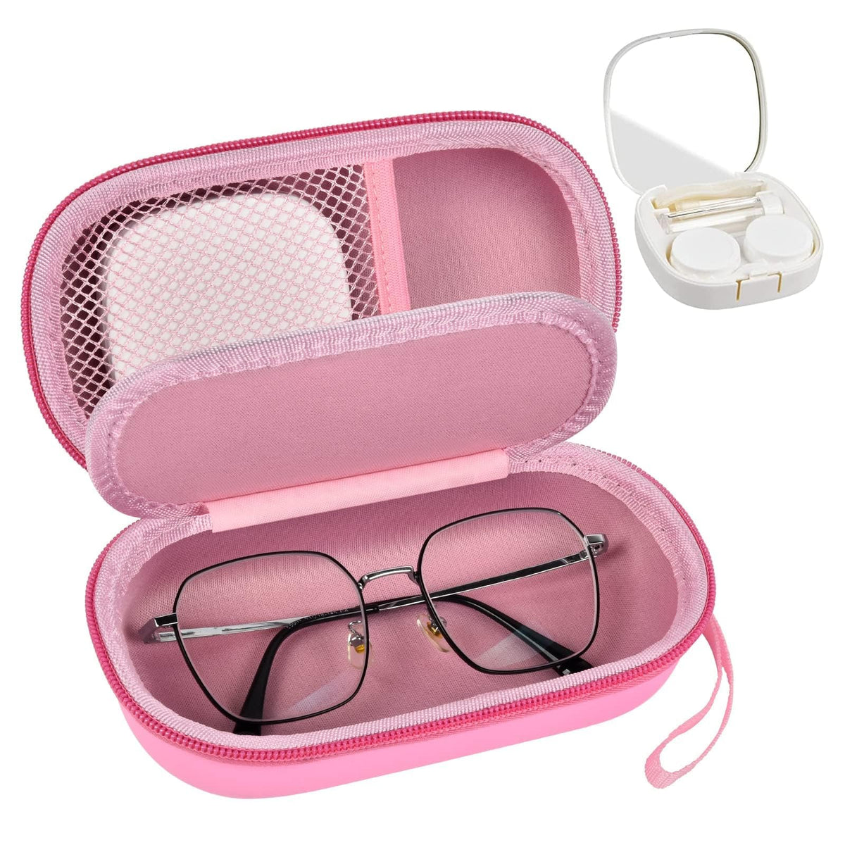 GWCASE portable 2-in-1 travel case in pink for easy glasses and contact lens storage.