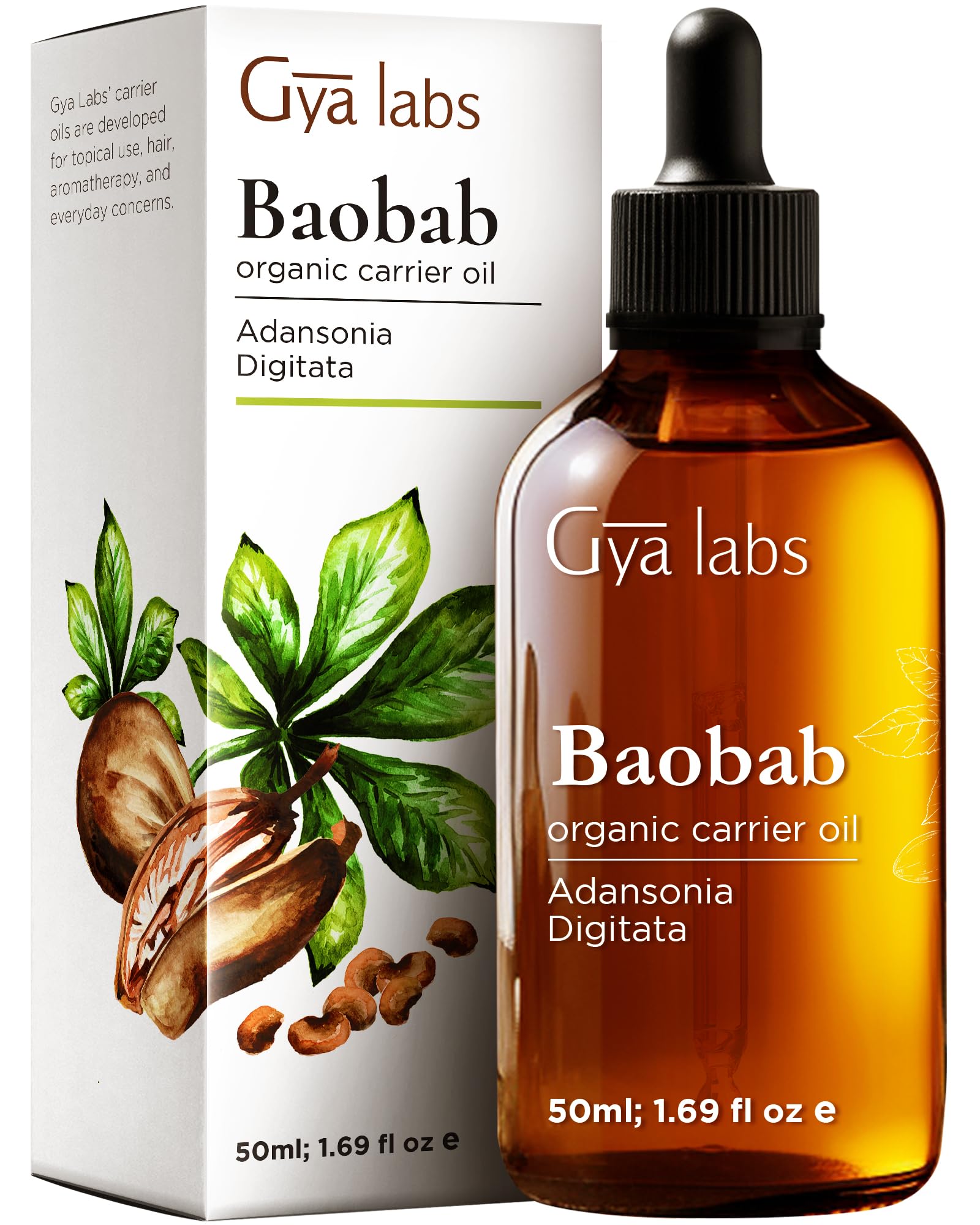 Gya Labs Baobab Carrier Oil bottle close-up highlighting the product for skin care benefits