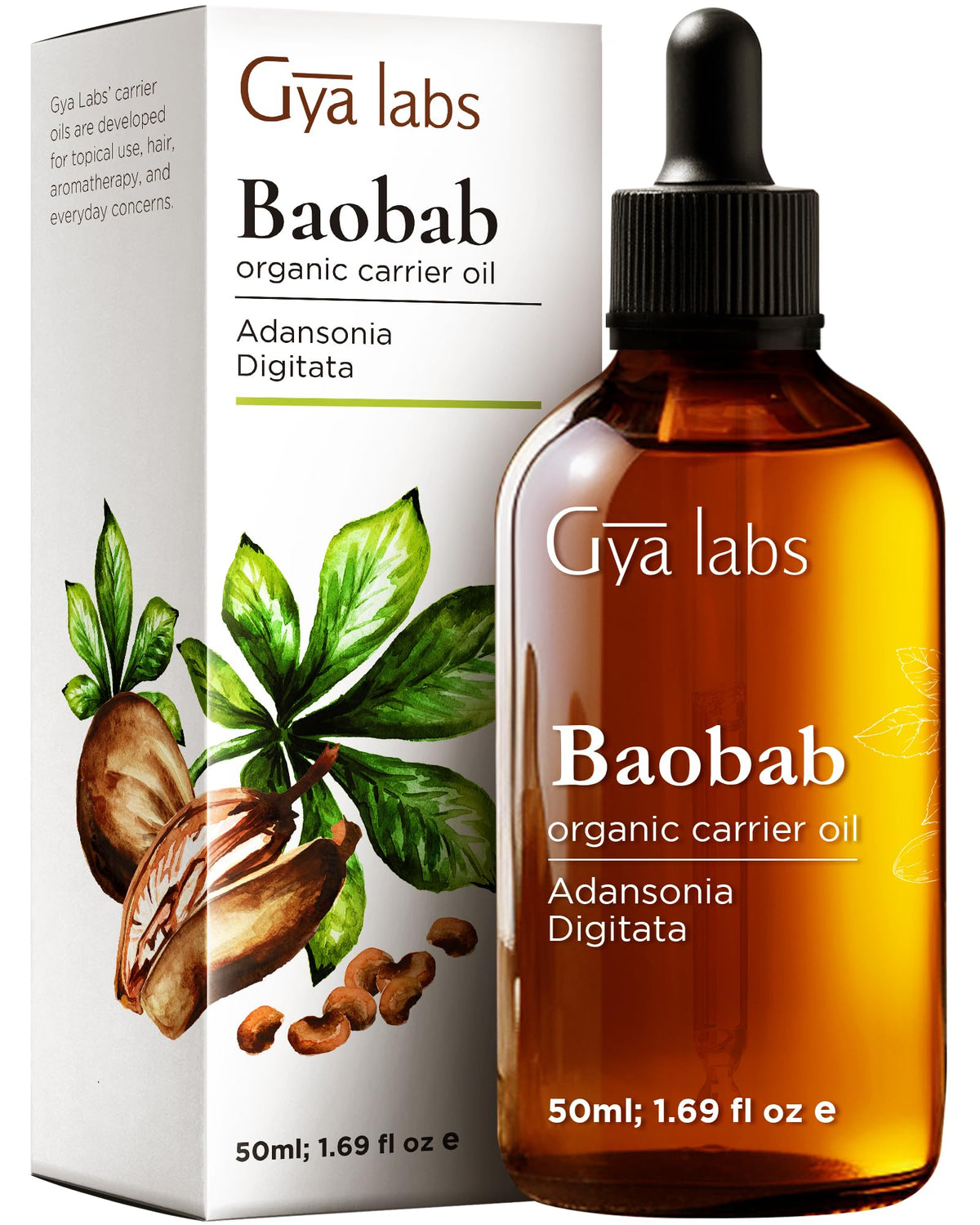Gya Labs Baobab Carrier Oil bottle close-up highlighting the product for skin care benefits