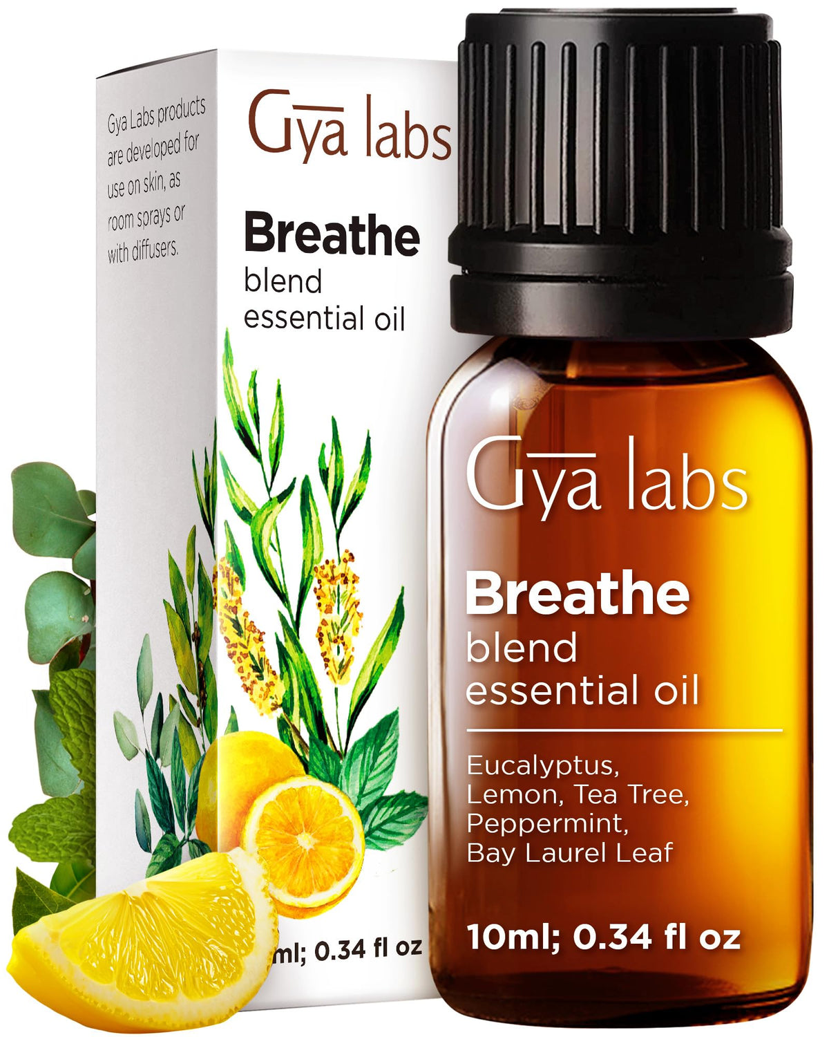 Gya Labs Breathe oil blend bottle for diffuser aromatherapy.