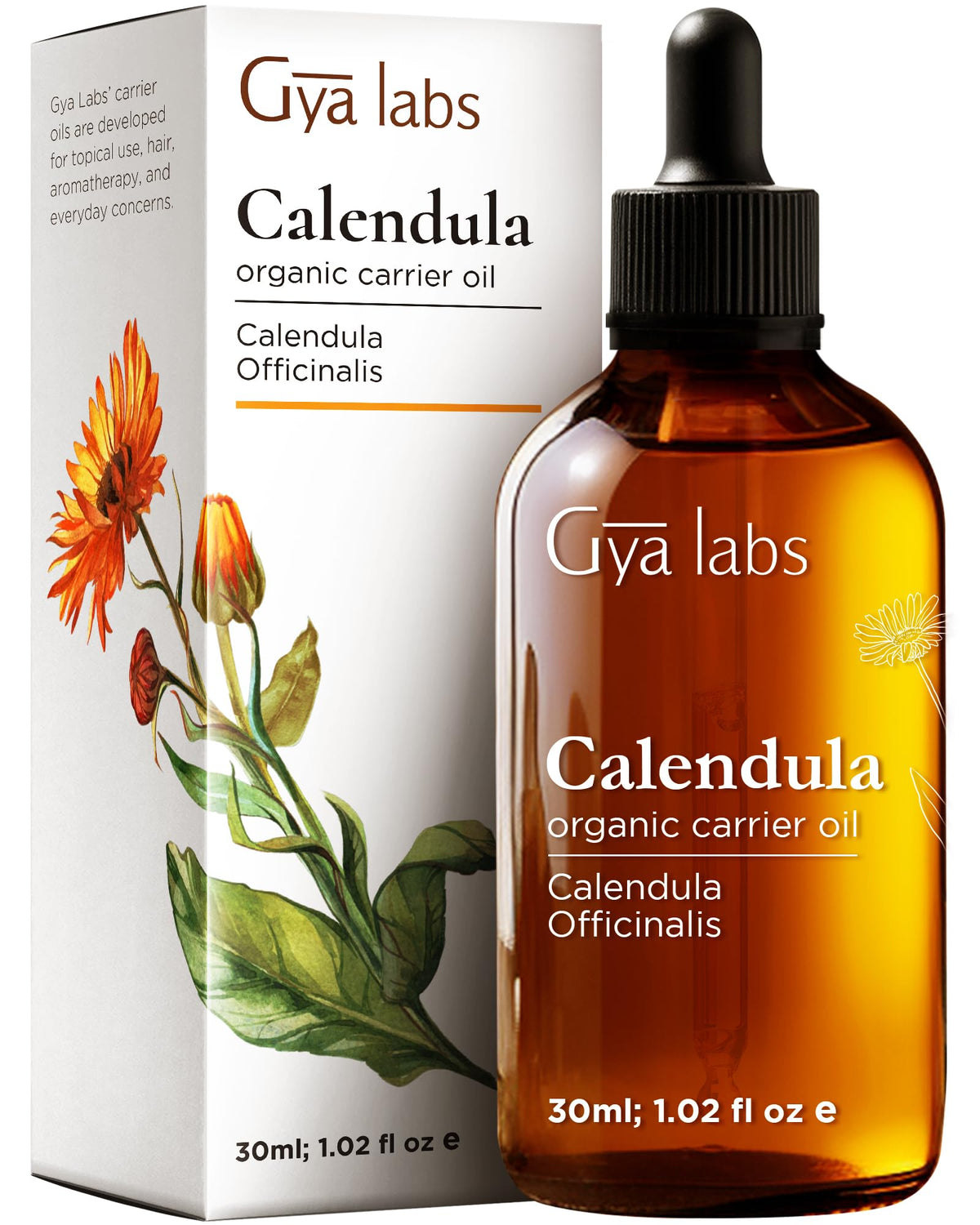 Gya Labs Calendula oil bottle close-up for gentle skin hydration