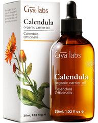 Gya Labs Calendula oil bottle close-up for gentle skin hydration