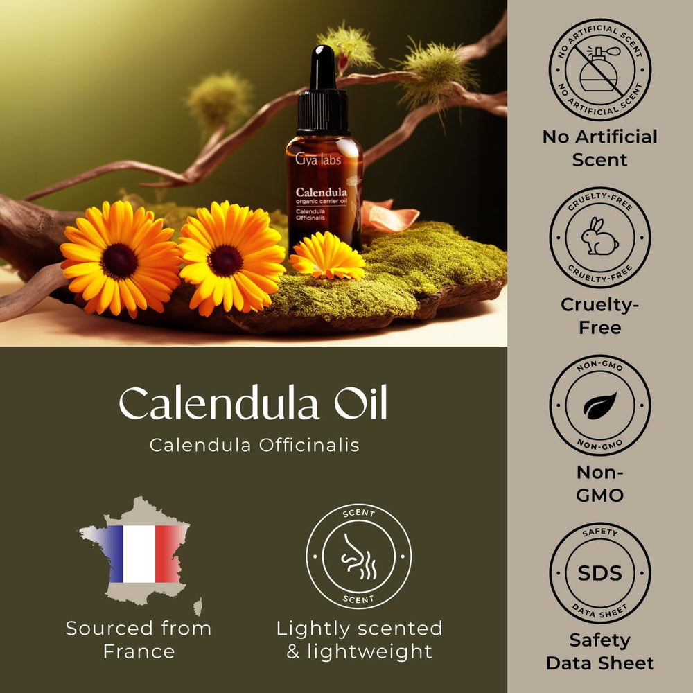 Gya Labs calendula oil packaging emphasizes preservative-free formula