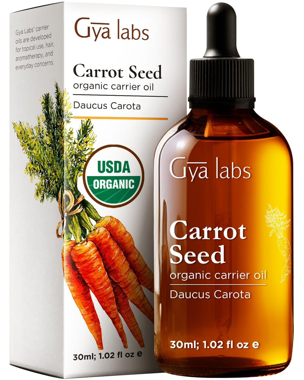 Gya Labs carrot seed oil bottle for daily skin nourishment.