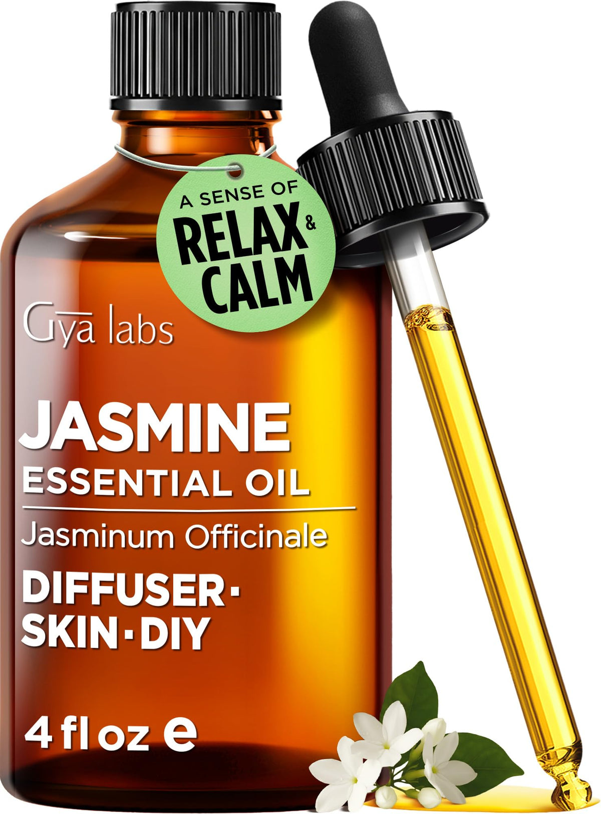 Gya Labs Jasmine Essential Oil bottle closeup for rich floral aroma.