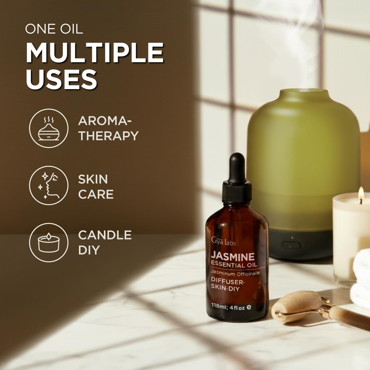 Gya Labs Jasmine Essential Oil hair care application to refresh strands.