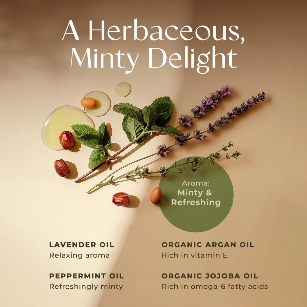 Gya Labs Lavender & Peppermint Massage Oil relaxation scene showing lavender calm and peppermint lift