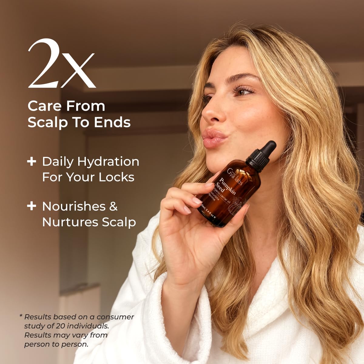 Gya Labs pumpkin seed oil nourishes hair and scalp for a glossy look.