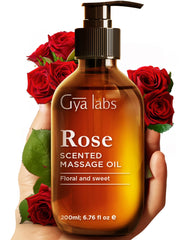 Gya Labs Rose Massage Oil bottle shows the soothing floral scent for relaxing sessions.