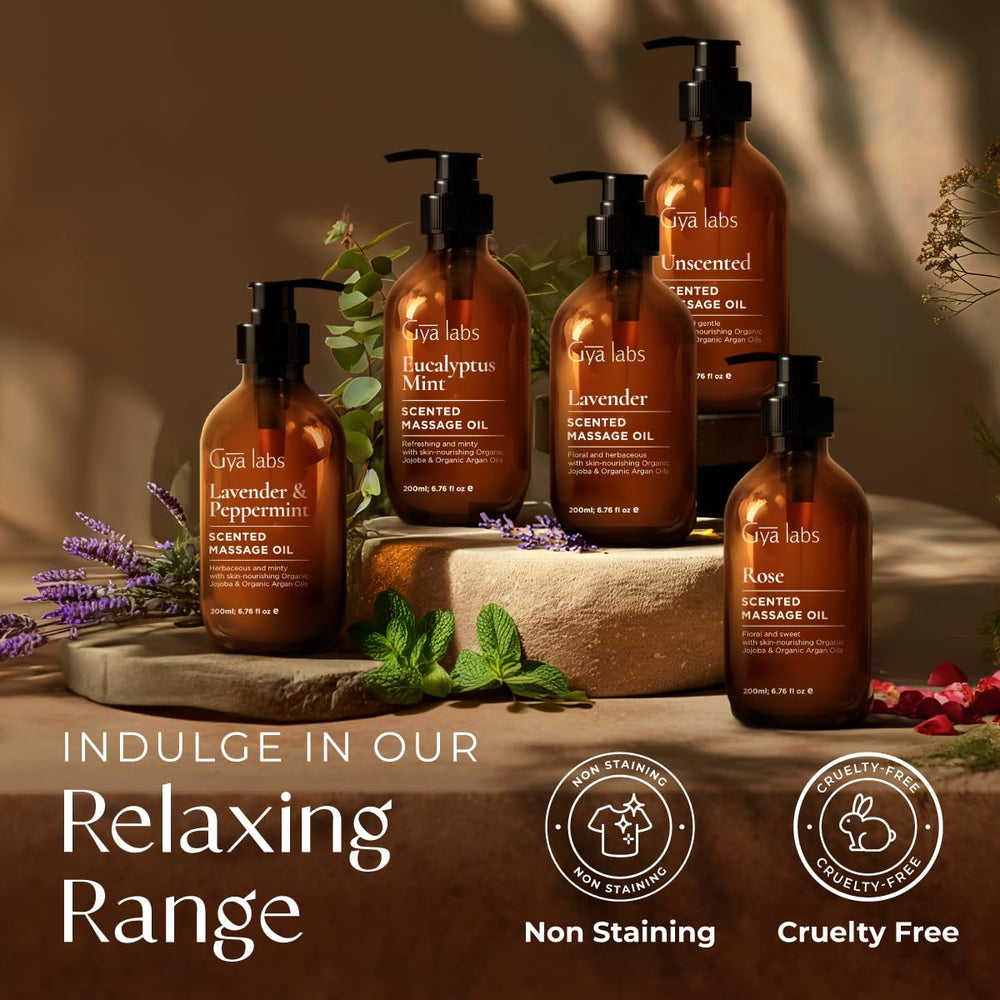Gya Labs Rose Massage Oil professional-use setup with massage table and client.