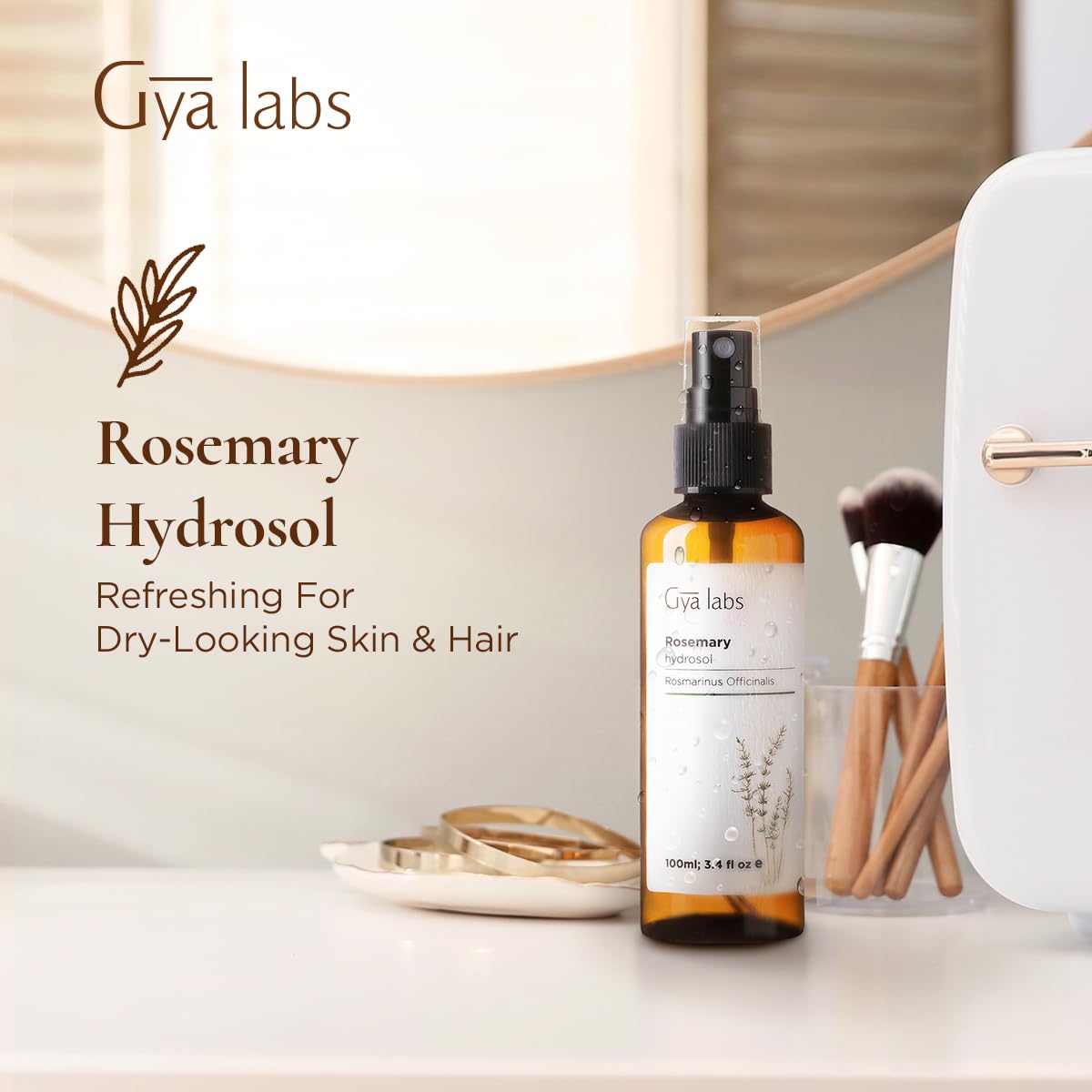 Gya Labs Rosemary Hydrosol room spray adds a calming, herbaceous fragrance to any space.
