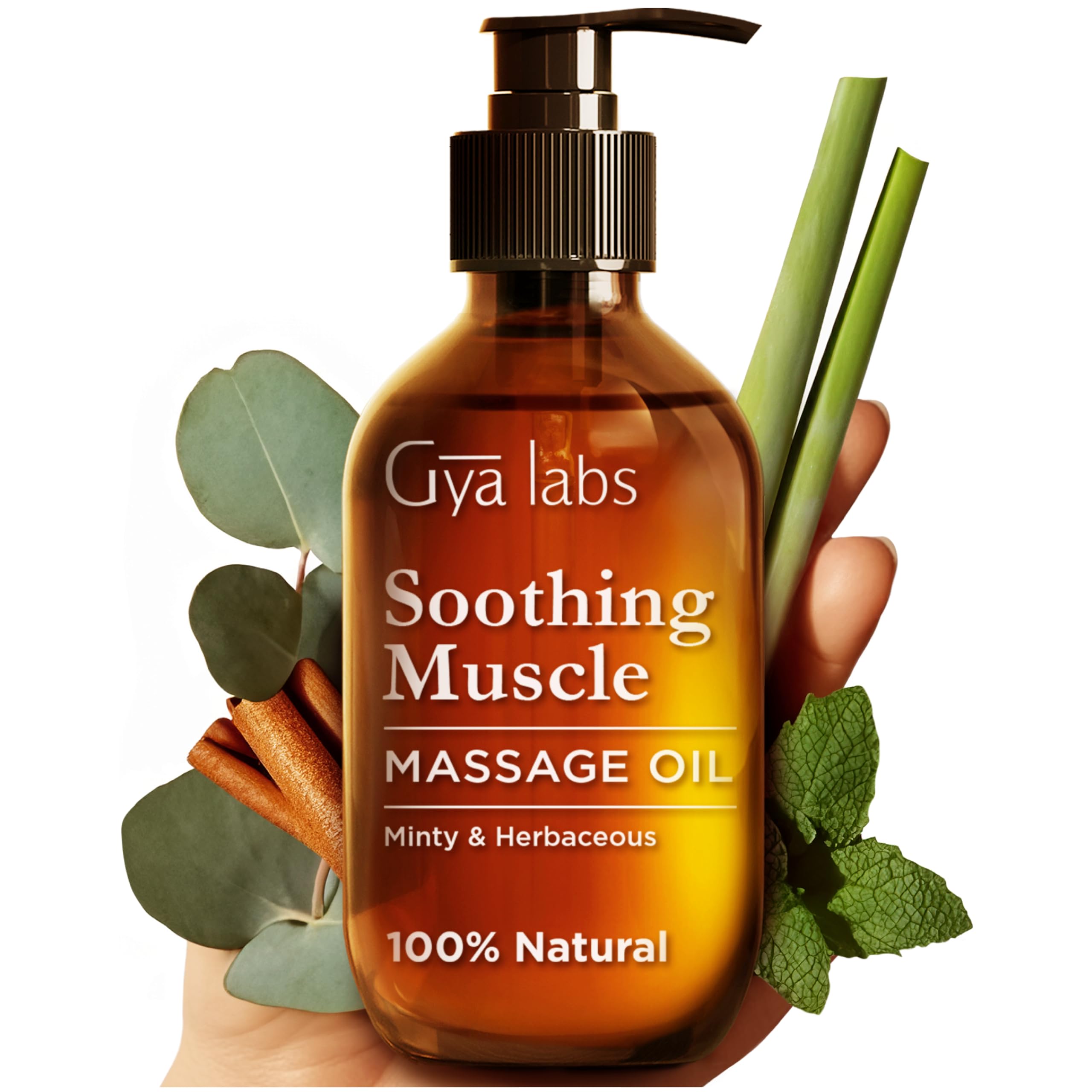 Gya Labs Soothing Massage Oil bottle shows a non-greasy, fast-absorbing formula.