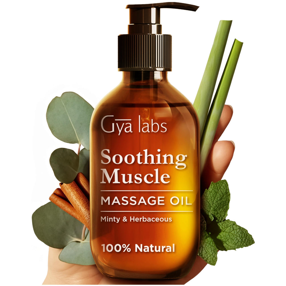 Gya Labs Soothing Massage Oil bottle shows a non-greasy, fast-absorbing formula.