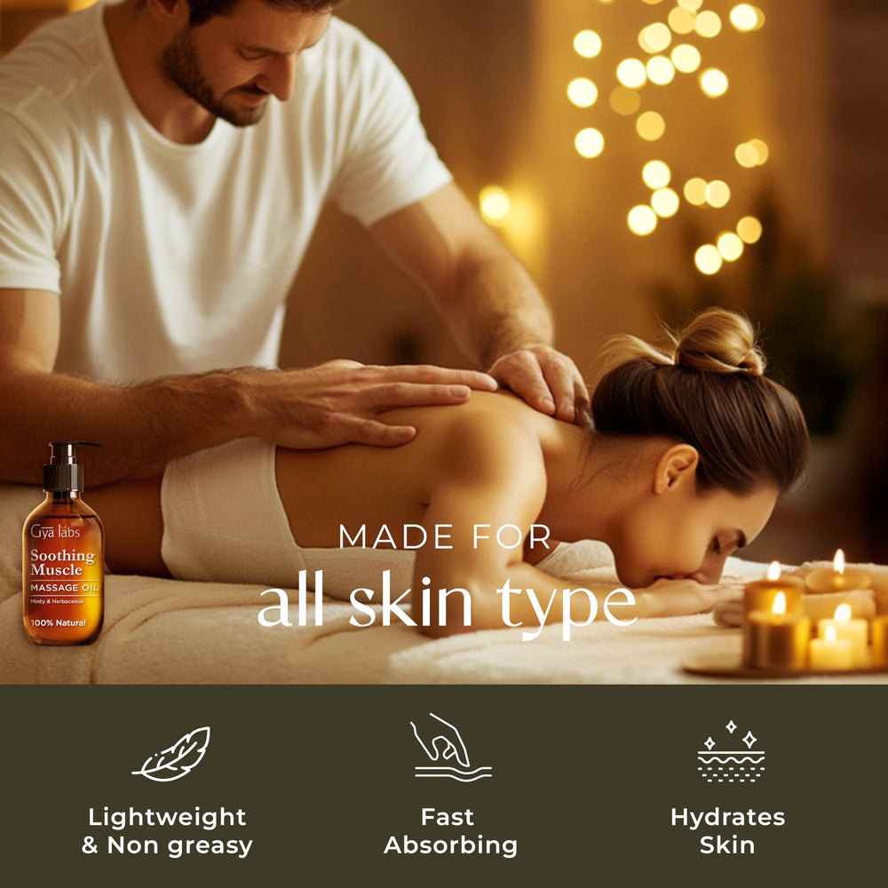 Gya Labs Soothing Massage Oil ingredients list with argan and jojoba for skin care.