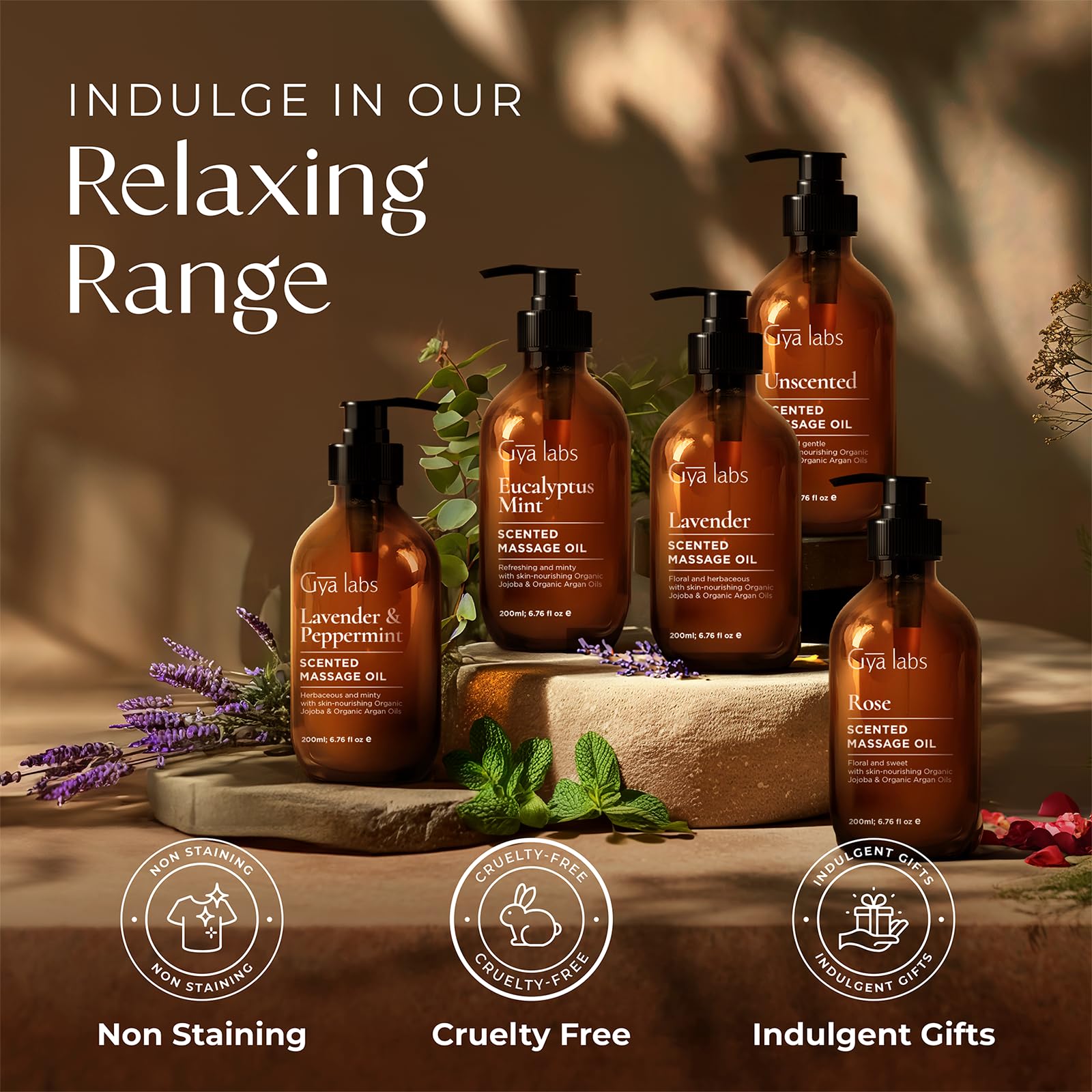 Gya Labs Soothing Massage Oil packaging emphasizes pure plant-powered care.