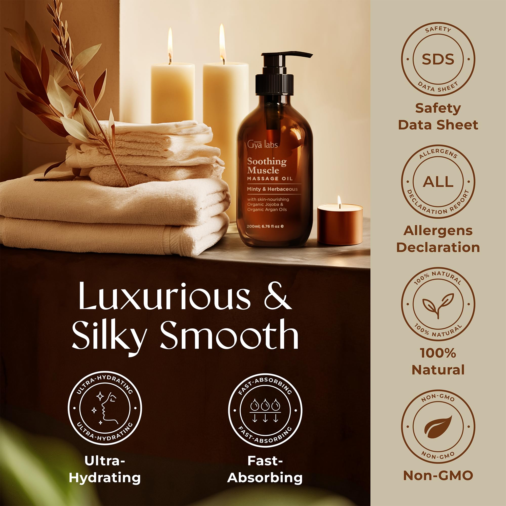 Gya Labs Soothing Massage Oil relaxation scene evokes a spa-like mood.