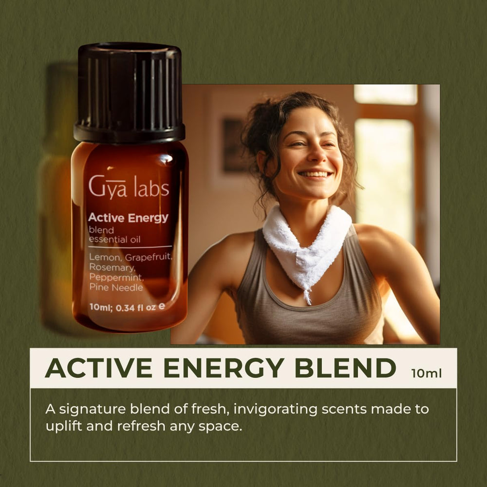 Gya Labs Active Energy diffuser ambiance highlights citrusy notes for mood uplift.