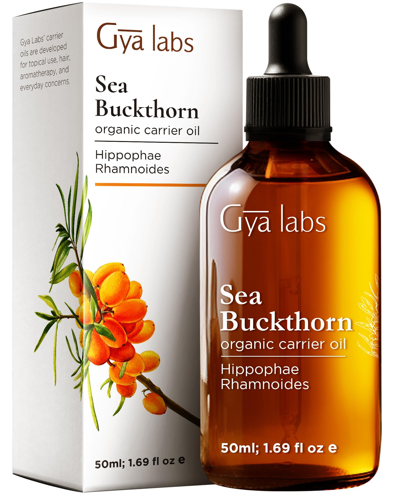 Gya Labs Sea Buckthorn oil bottle in amber preserves purity for skin and hair care.