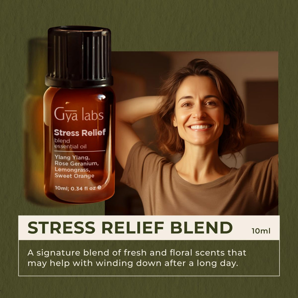 Gya Labs Stress Relief bottle-pour showing easy to use essential oil for diffusion.