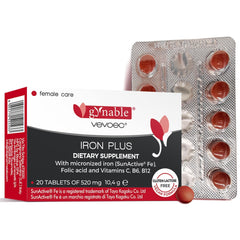 Gynable Iron Plus bottle featuring slow-release tablets for steady energy.