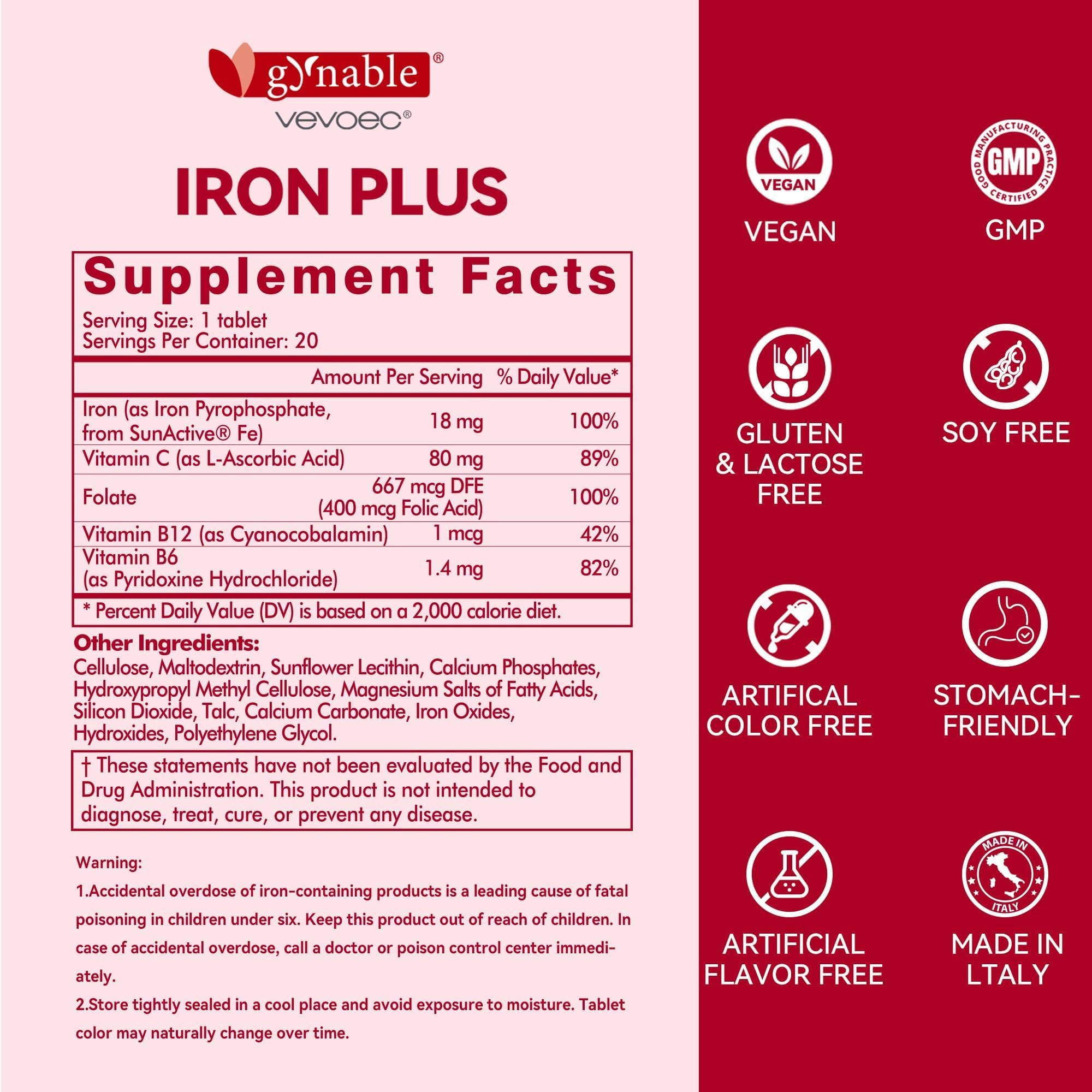 Gynable Iron Plus dietary-free icon communicates gluten-free and dairy-free claims.