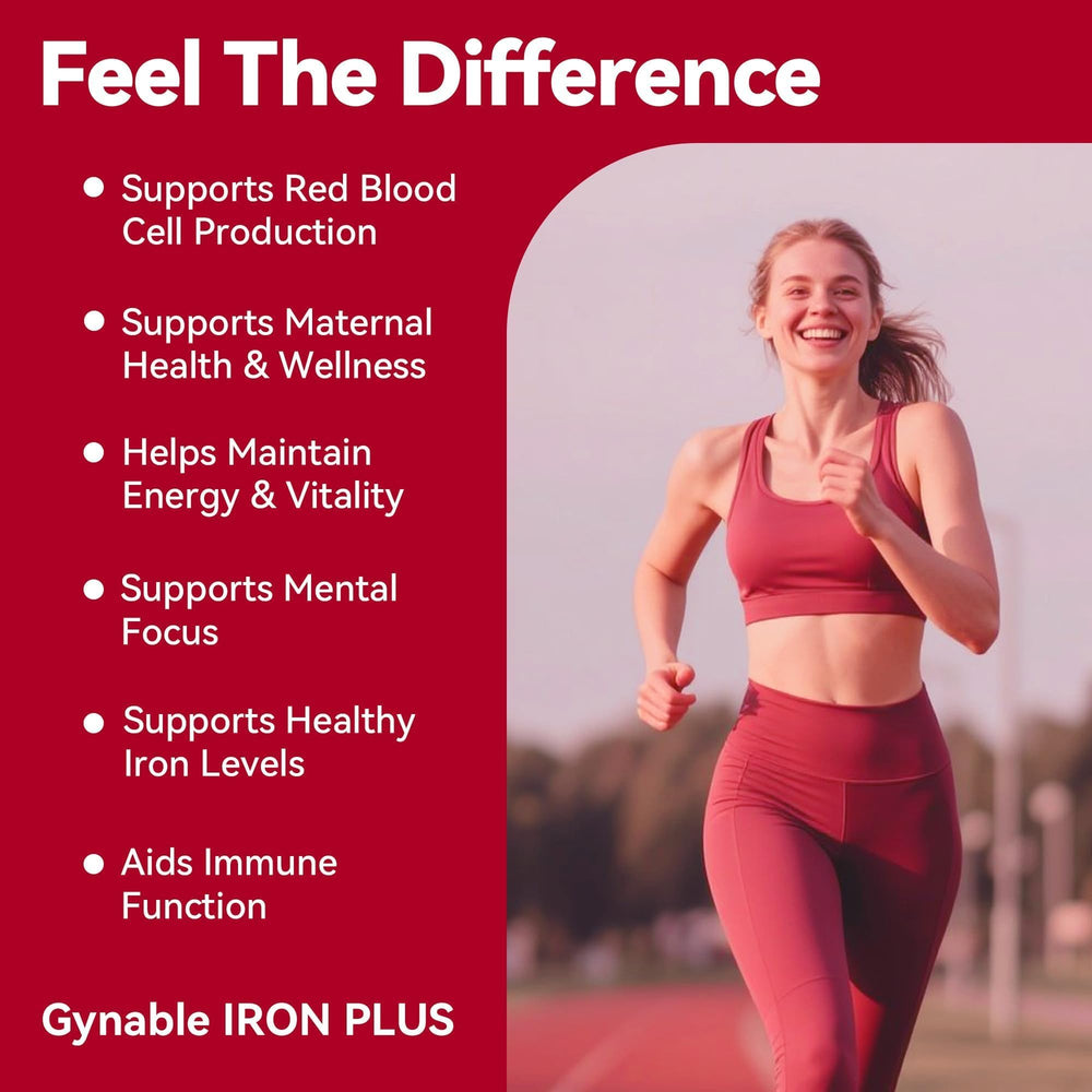 Gynable Iron Plus label close-up highlights gluten-free, dairy-free formula for sensitive users.