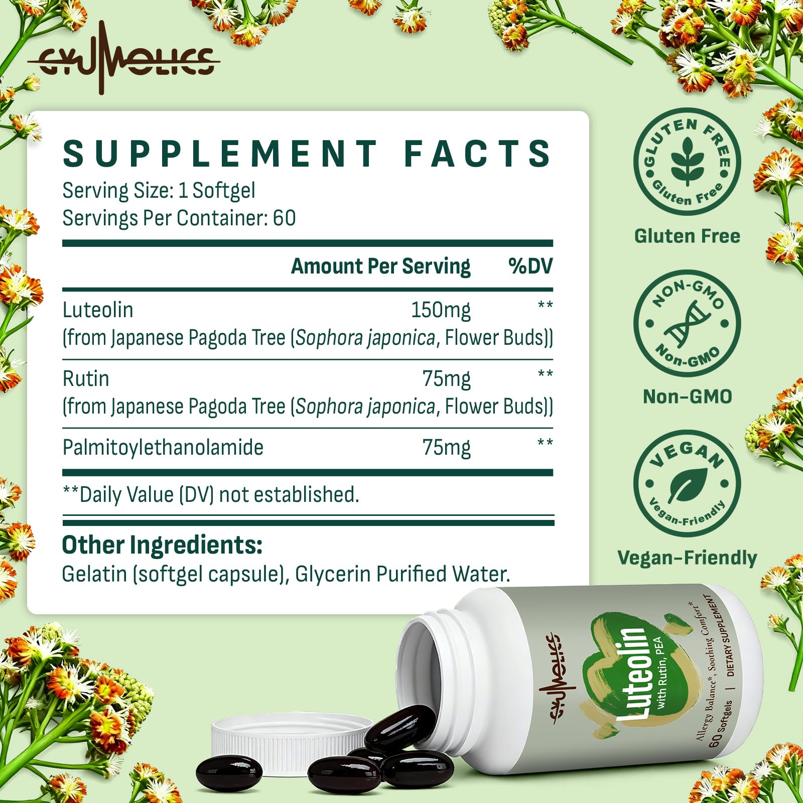 Gyumolics luteolin bottle with label close-up showcasing clean ingredients.