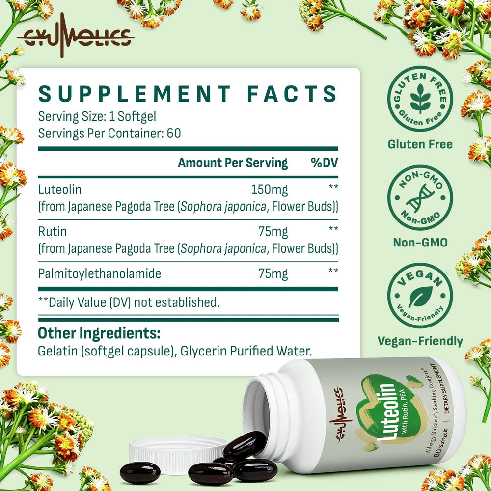 Gyumolics luteolin bottle with label close-up showcasing clean ingredients.