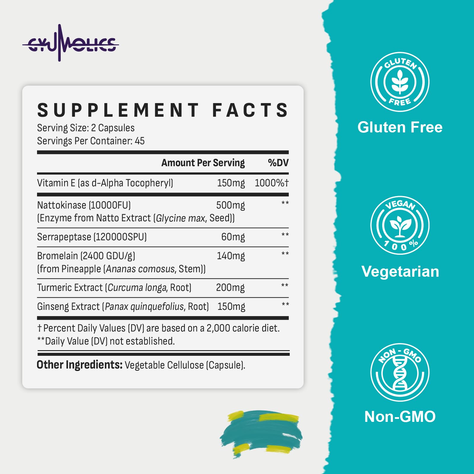 Gyumolics Nattokinase bottle with water illustrating easy daily two-capsule regimen