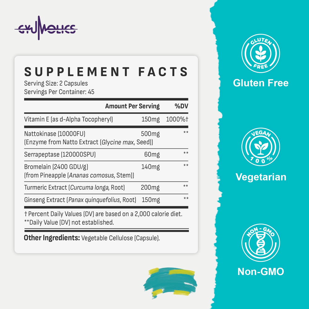 Gyumolics Nattokinase bottle with water illustrating easy daily two-capsule regimen