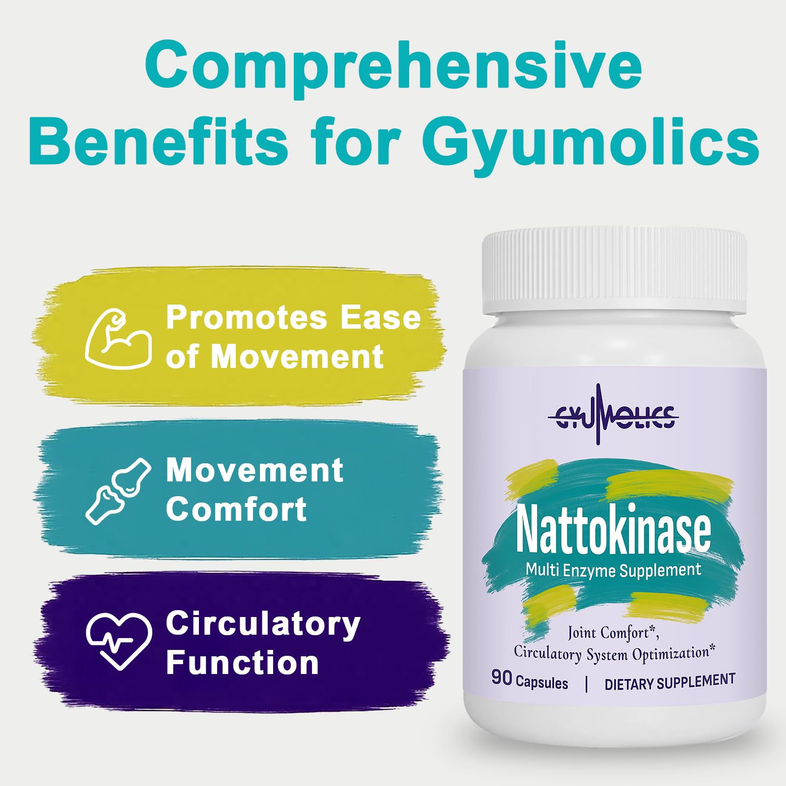 Gyumolics Nattokinase ingredients label shows enzyme blend for circulation and digestion