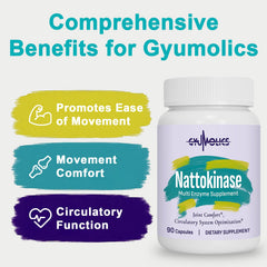Gyumolics Nattokinase ingredients label shows enzyme blend for circulation and digestion